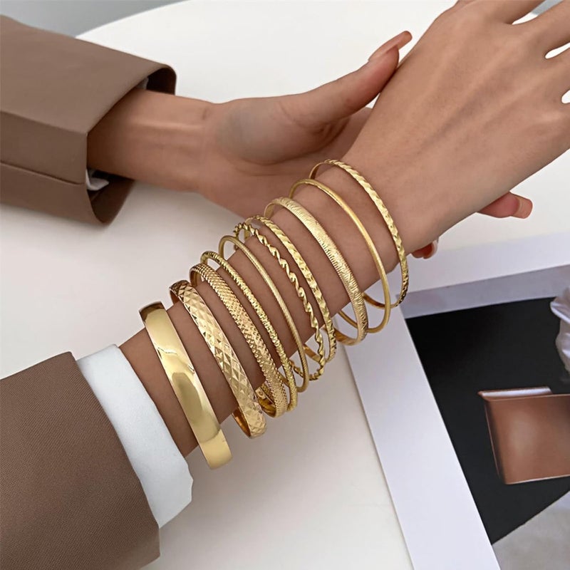 IFKM Gold Bangle Bracelets For Women, 14k Gold Plated Multi Layer Stackable Cuff Bracelet Set, Trendy Elegance Charms Non Tarnish Minimalist Textured Boho Jewelry Gift for Women - Image 2